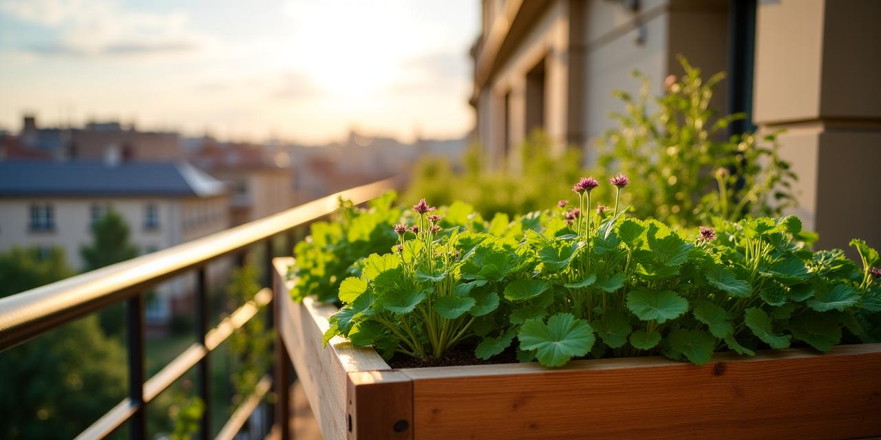 Ein üppiges ökologisches Hochbeet auf einer sonnigen Wiener Dachterrasse